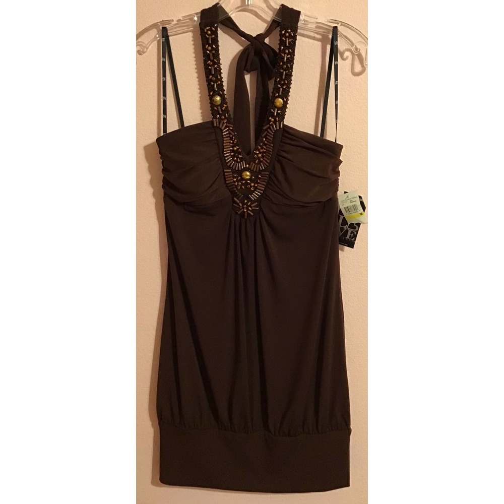 NWT 2008 love tease brown beaded blouse with band at bottom size medium brown